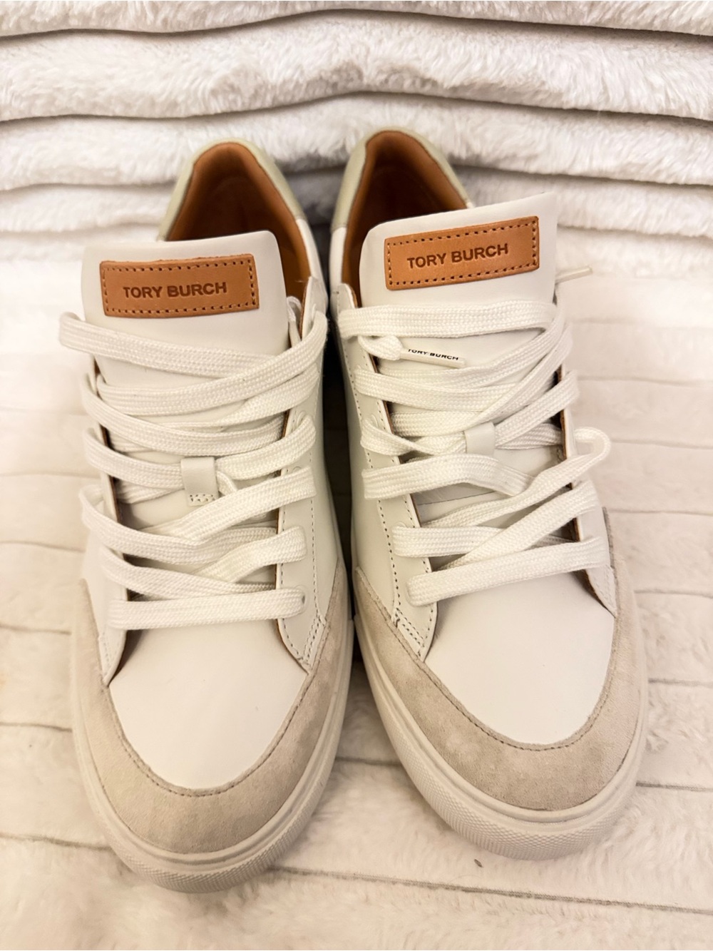 Tory Burch Men's Cream & Tan Leather Suede Sneakers